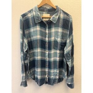 Lucky Brand Shirt Women's M Blue Green Plaid Boyfriend Button Down Long Sleeve
